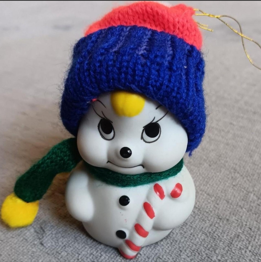 80s 90s Vintage Snow Bells Snowman Christmas Ornament Porcelain Knit Tree Decor